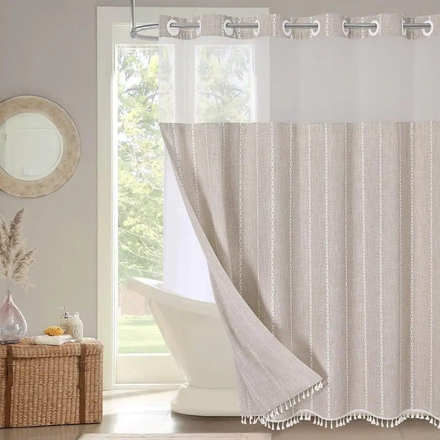 No Hooks Needed Farmhouse Shower Curtain with Snapin Liner with Window amp Magnets, Taupe Boho Cotton Linen Fabric Shower Curtai
No Hooks Needed Farmhouse Shower Curtain with Snapin Liner with Window amp Magnets, Taupe Boho Cotton Linen Fabric Shower Curtai