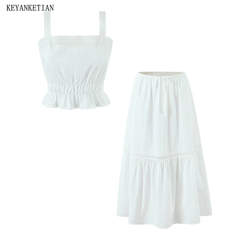 KEYANKETIAN 2026 New Arrival Women 2 Piece Set White Lace Cami Top & High Waist A-Line Skirt Casual Cotton Summer Outfits
KEYANKETIAN 2026 New Arrival Women 2 Piece Set White Lace Cami Top & High Waist A-Line Skirt Casual Cotton Summer Outfits