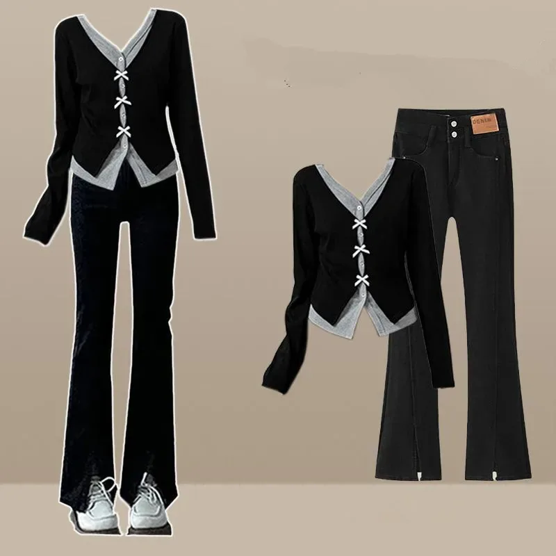 Women's Spring Autumn Fashion Slim Patchwork Bowknot T Shirts Denim Pants 1 or Two Piece Set Lady Black Tops Trousers Outfits
Women's Spring Autumn Fashion Slim Patchwork Bowknot T Shirts Denim Pants 1 or Two Piece Set Lady Black Tops Trousers Outfits