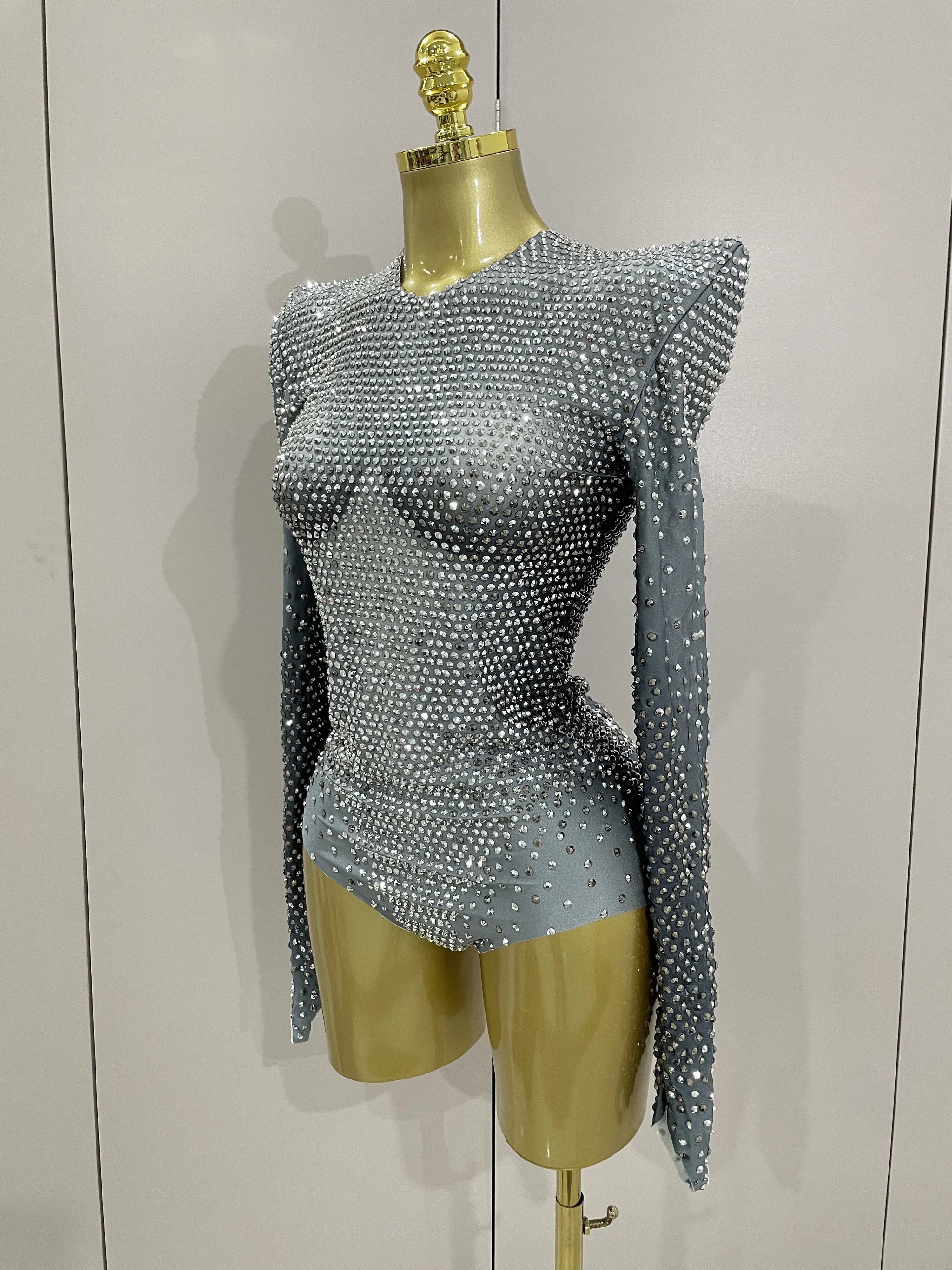 Sparkle Silver Rhinestones Long Sleeve Stretch Bodysuits New Women Evening Luxury Birthday Party Sexy Nightclub Stage Costu
Sparkle Silver Rhinestones Long Sleeve Stretch Bodysuits New Women Evening Luxury Birthday Party Sexy Nightclub Stage Costu