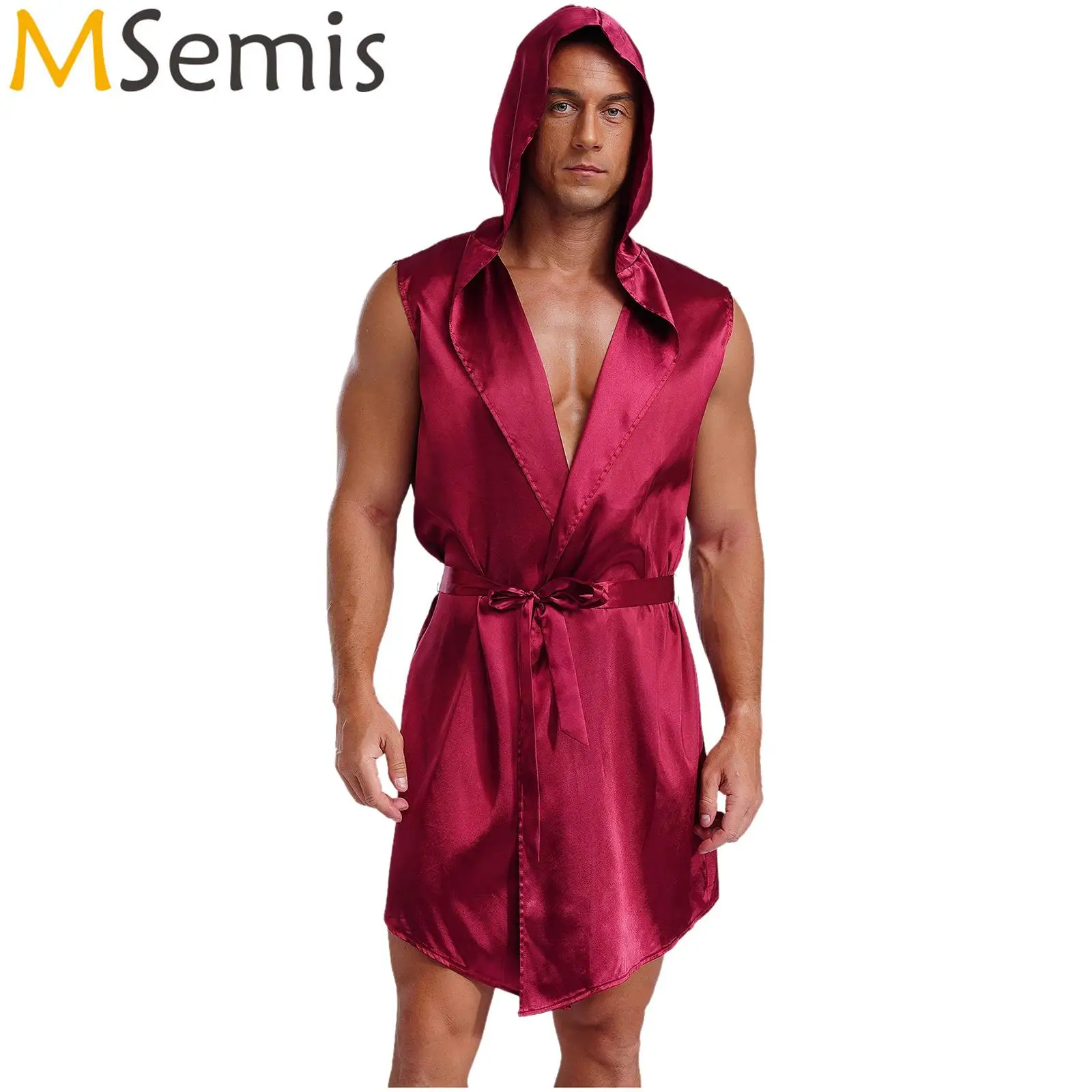 Mens Sissy Bathroom Sauna Robe Homewear Satiny Hooded Pajama Robe with Belt Sleeveless Open Front Lace Up Sleepwear Loungerwear
Mens Sissy Bathroom Sauna Robe Homewear Satiny Hooded Pajama Robe with Belt Sleeveless Open Front Lace Up Sleepwear Loungerwear