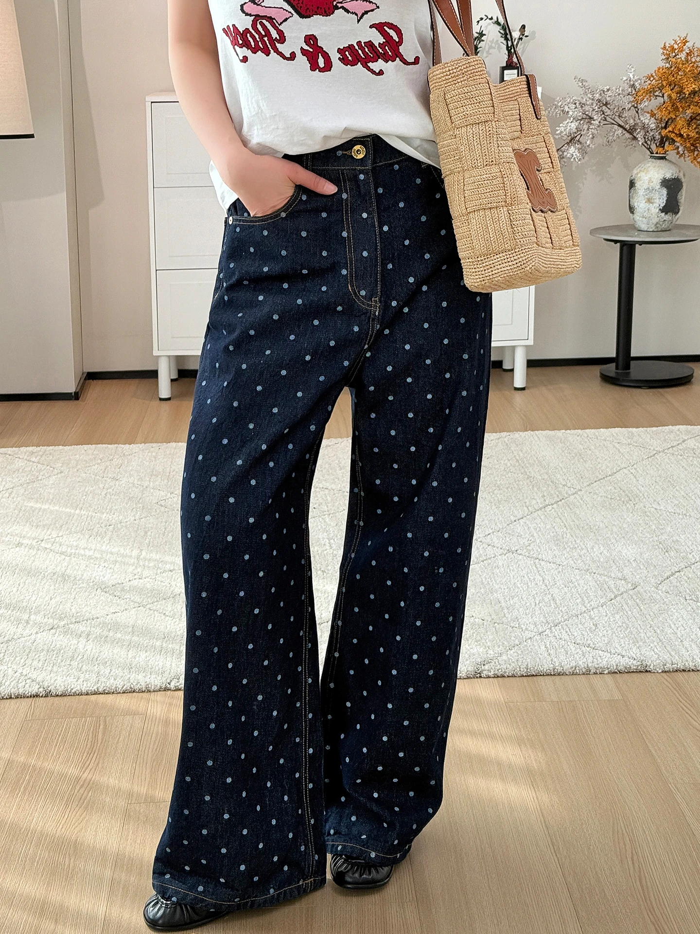 Retro Polka Dot Wide Leg Cotton Denim Jeans High Waist Slim Straight Drapey Fabric Floor Length Women's Pants
Retro Polka Dot Wide Leg Cotton Denim Jeans High Waist Slim Straight Drapey Fabric Floor Length Women's Pants