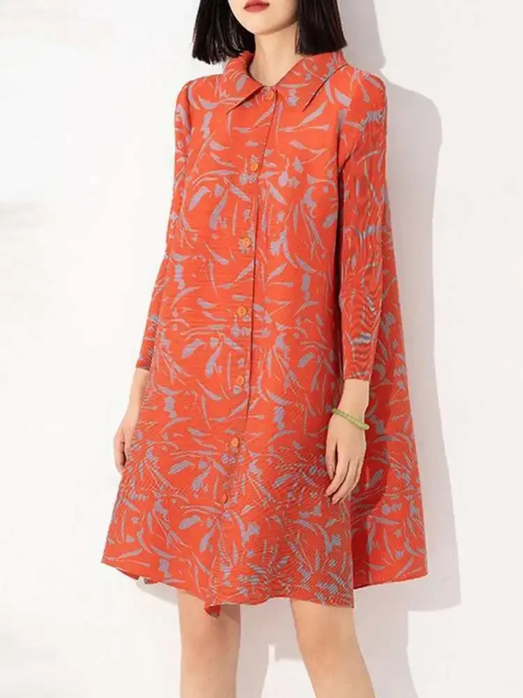 Miyake Style Elegant Printing Pleated Dress Women Lapel Single Breasted Mid Length Dresses Fashion Party 2025 Spring New
Miyake Style Elegant Printing Pleated Dress Women Lapel Single Breasted Mid Length Dresses Fashion Party 2025 Spring New