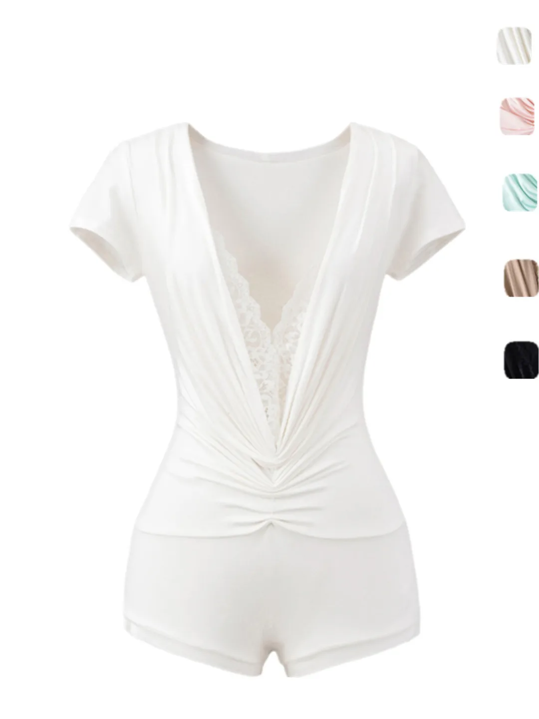 Sexy Deep V-Ne Lace Patchwork ort Sve Onesie Design Sense Twist Versatile Base irt Street Sle Slim Fit Summer Top 
Sexy Deep V-Ne Lace Patchwork ort Sve Onesie Design Sense Twist Versatile Base irt Street Sle Slim Fit Summer Top