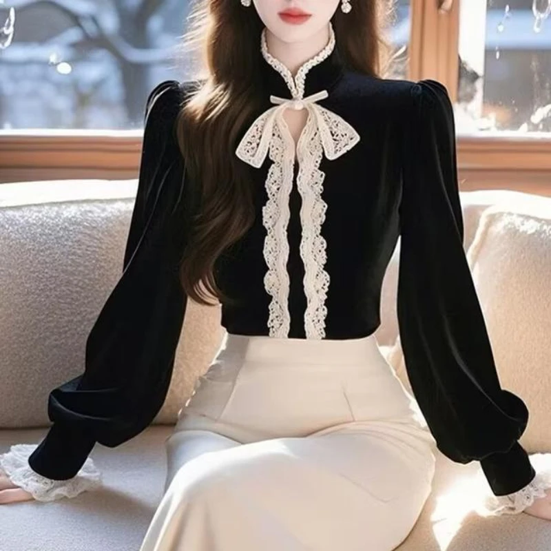 Black Velvet Lace Patchwork Elegant Shirt Tops Spring Autumn New Long Sleeve Korean Solid Blouse Vintage Fashion Women Clothing
Black Velvet Lace Patchwork Elegant Shirt Tops Spring Autumn New Long Sleeve Korean Solid Blouse Vintage Fashion Women Clothing