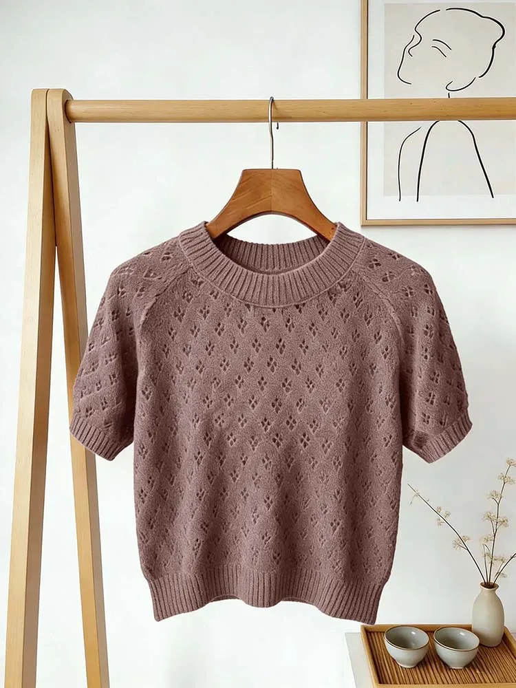 Women's Dusty Purple Openwork Knit Top Short Sleeve Round Neck Raglan Sleeve Cropped Knit Pullover
Women's Dusty Purple Openwork Knit Top Short Sleeve Round Neck Raglan Sleeve Cropped Knit Pullover