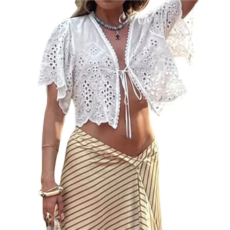CYL-Womens Summer Tops Boho Blouses Beach Vacation Spring Outfits Tie Front Eyelet Embroidered Clothes White S
CYL-Womens Summer Tops Boho Blouses Beach Vacation Spring Outfits Tie Front Eyelet Embroidered Clothes White S