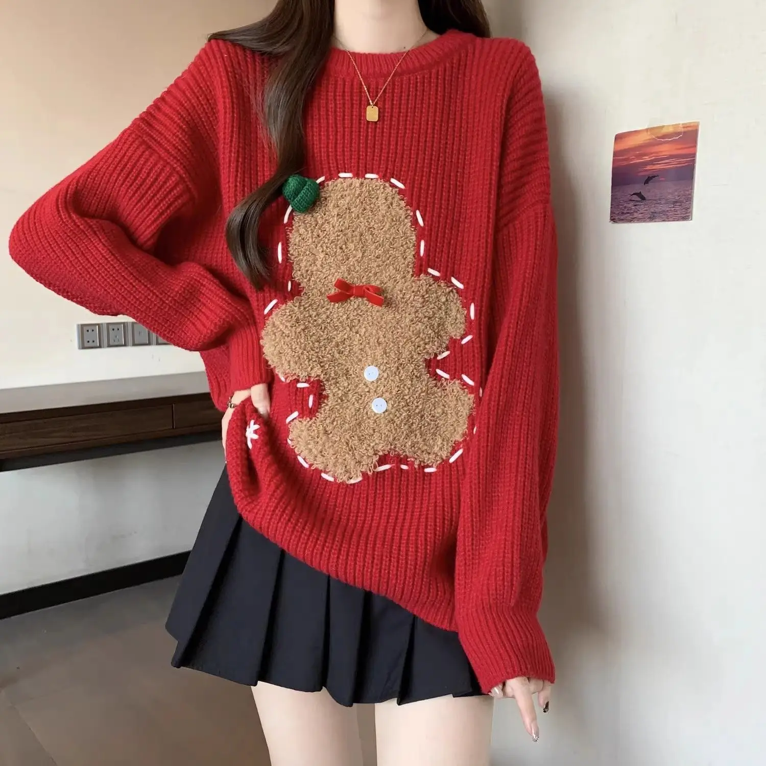 Christmas Red Small Bear Shaped Jacquard Women's Sweater Autumn Winter Lazy Style Loose Medium Length Knitted Top for Women
Christmas Red Small Bear Shaped Jacquard Women's Sweater Autumn Winter Lazy Style Loose Medium Length Knitted Top for Women