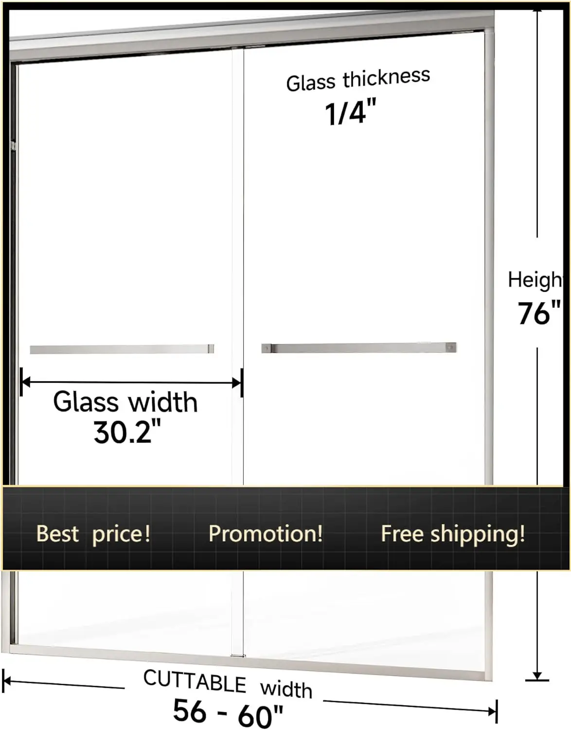 Shower Doors 56-60 in W x 76 in H, 1/4"(6mm) Tempered Glass Shower Door, Explosion-Proof Film and Nano Coating, Chrome Finish, S
Shower Doors 56-60 in W x 76 in H, 1/4"(6mm) Tempered Glass Shower Door, Explosion-Proof Film and Nano Coating, Chrome Finish, S
