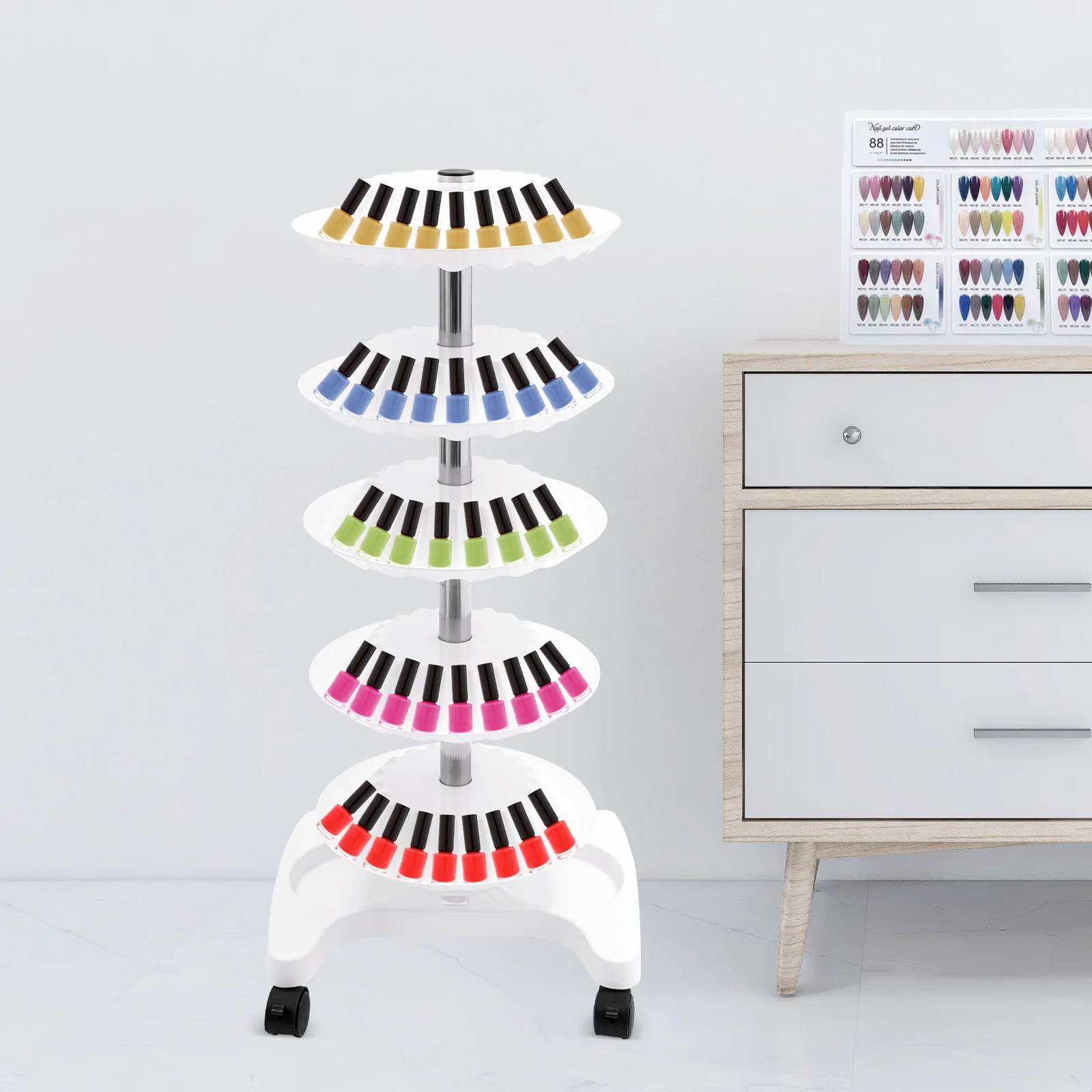 White, 5-Tier Nail Polish Display Rolling Cart, 360° Rotating Display Rack Holder for Nail Polish Cosmetics Small Accessories
White, 5-Tier Nail Polish Display Rolling Cart, 360° Rotating Display Rack Holder for Nail Polish Cosmetics Small Accessories