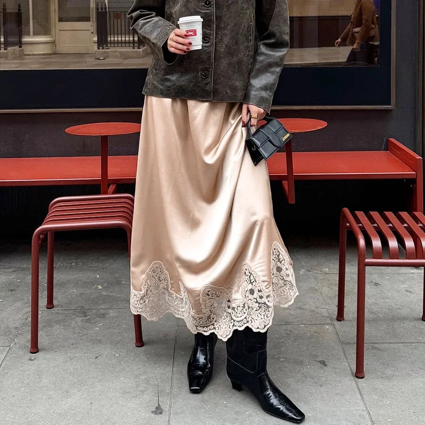 Pink Lace Mid Calf Skirt High Waist Satin Loose Straight Elegant Street Chic Casual Autumn for Women
Pink Lace Mid Calf Skirt High Waist Satin Loose Straight Elegant Street Chic Casual Autumn for Women
