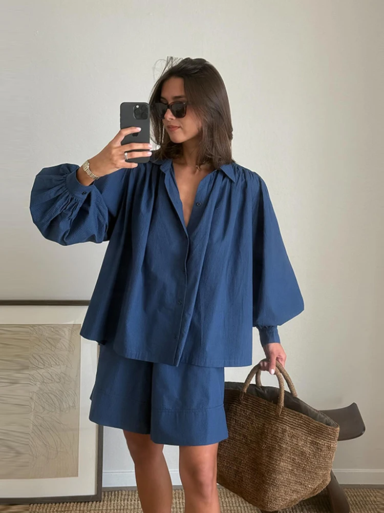 Blue Casual Shorts 2-piece Sets Women Baggy Lapel Ruffle Single Breasted Long Lantern Sleeve Tops Suits 2025 Daily Lady Outfits
Blue Casual Shorts 2-piece Sets Women Baggy Lapel Ruffle Single Breasted Long Lantern Sleeve Tops Suits 2025 Daily Lady Outfits