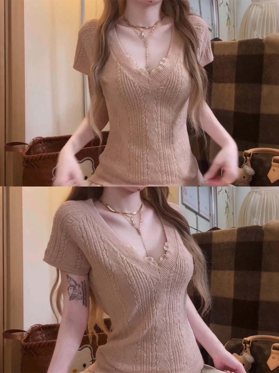 Slim Fit Ice Silk Knitted Short Sleeve T-Shirt V-Neck Lace Patchwork Shoulder Length Summer New Style Women's Fashion Top
Slim Fit Ice Silk Knitted Short Sleeve T-Shirt V-Neck Lace Patchwork Shoulder Length Summer New Style Women's Fashion Top
