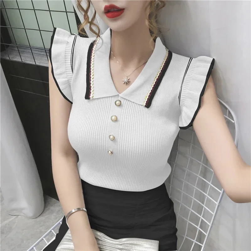 2024 Summer New Fashion Slim Crop Tops Women Turn-down Collar Knitted T-shirts Sleeveless Ruffles T Shirt Female Tee Shirt
2024 Summer New Fashion Slim Crop Tops Women Turn-down Collar Knitted T-shirts Sleeveless Ruffles T Shirt Female Tee Shirt