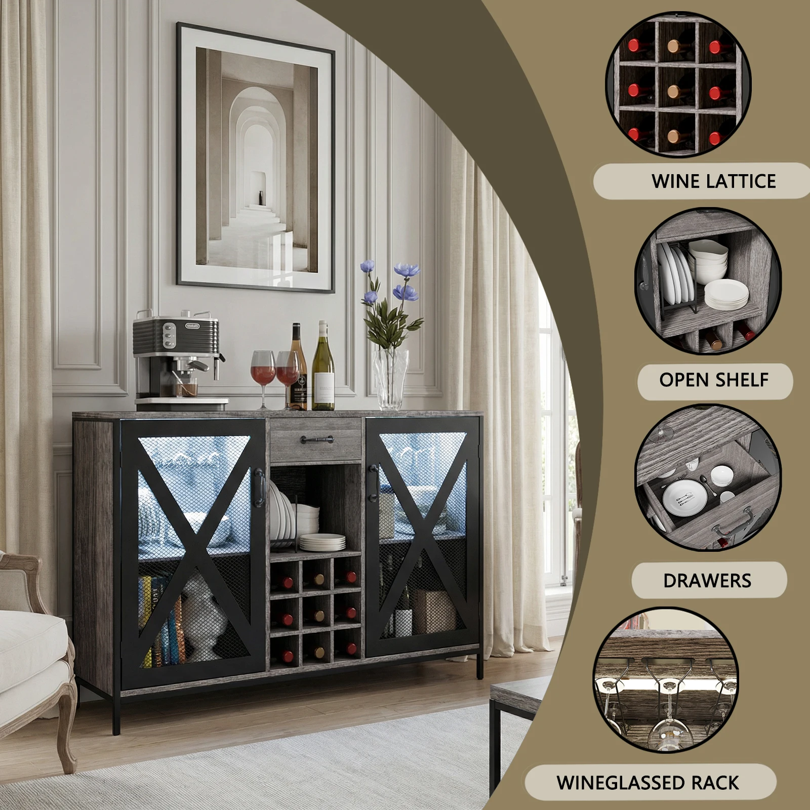 Винтажный длинный деревянный барный шкаф-витрина для винных бутылок с металлическим каркасом, 55 дюймов, для кухни, столовой и бара
Винтажный длинный деревянный барный шкаф-витрина для винных бутылок с металлическим каркасом, 55 дюймов, для кухни, столовой и бара