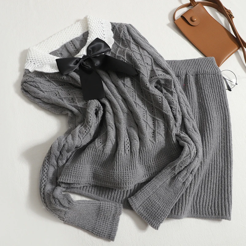 Preppy Style Knitting Two-Piece Suit Women Spring Bow Stitching Jumper Slim Skirt Set Casual Fashion Peter Pan Collar Top
Preppy Style Knitting Two-Piece Suit Women Spring Bow Stitching Jumper Slim Skirt Set Casual Fashion Peter Pan Collar Top