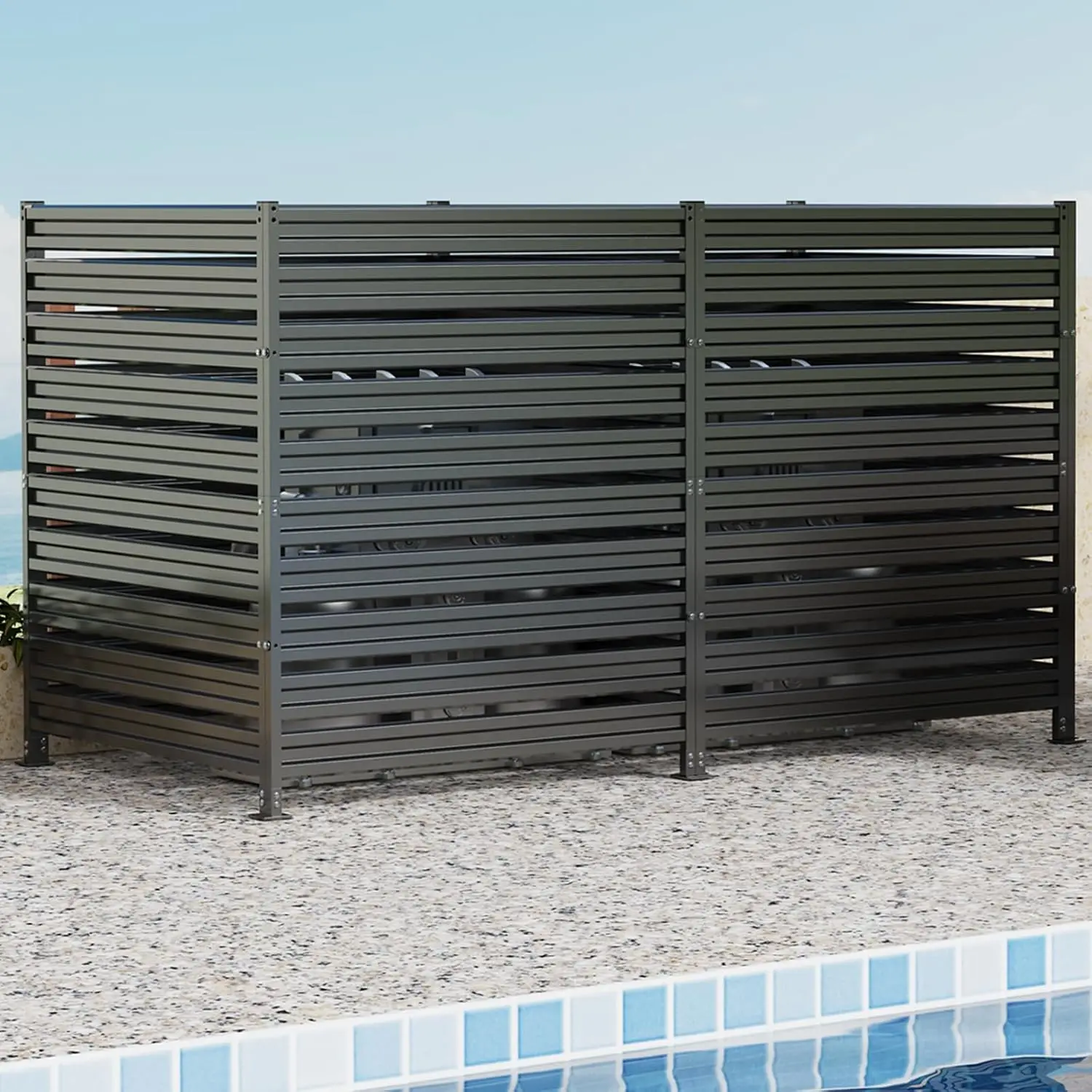 42 in H x 38 in W 3-Panel Metal Privacy Fence for AC Unit, Trash Can, Pool Equipment, Black
42 in H x 38 in W 3-Panel Metal Privacy Fence for AC Unit, Trash Can, Pool Equipment, Black