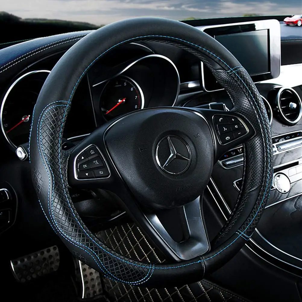 Black Genuine Cowhide Steering Wheel Cover With Blue Stitching, Universal Fit 15 Inch For Cars And SUVs
Black Genuine Cowhide Steering Wheel Cover With Blue Stitching, Universal Fit 15 Inch For Cars And SUVs