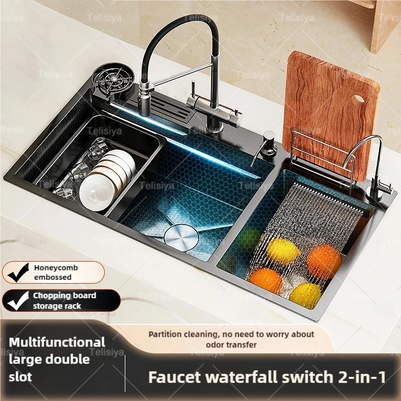 Двойная раковина, кухонные мойки из нержавеющей стали с тиснением водопада, двойная чаша, многофункциональная раковина для мытья посуды
Двойная раковина, кухонные мойки из нержавеющей стали с тиснением водопада, двойная чаша, многофункциональная раковина для мытья посуды