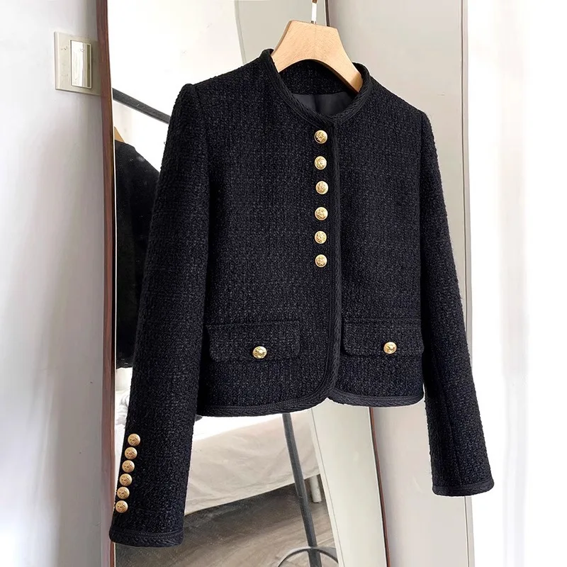 Spring Autumn Women Tweed Coat Round Neck Gold Button Black Coats French Elegant Fashion Classic Vintage Commuting Jacket
Spring Autumn Women Tweed Coat Round Neck Gold Button Black Coats French Elegant Fashion Classic Vintage Commuting Jacket