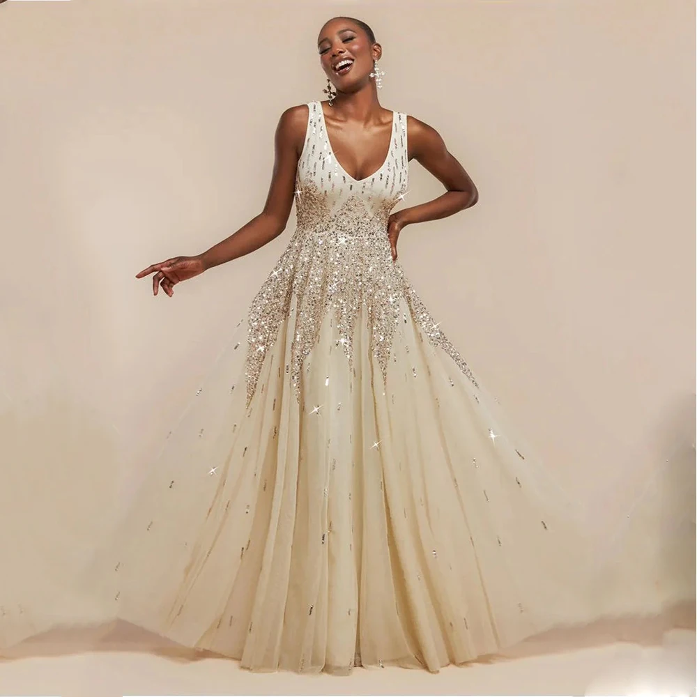 Dream Beige Elegant Evening Dresses Tulle for Floor-Length V-Neck Sleeveless Prom Dress Sequin Vestidos De Fiesta Customized 
Dream Beige Elegant Evening Dresses Tulle for Floor-Length V-Neck Sleeveless Prom Dress Sequin Vestidos De Fiesta Customized