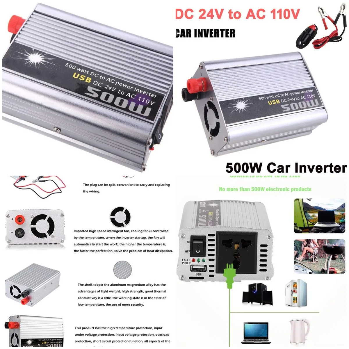 500W Car Power Inverter 24V to 110V DC-AC Converter with USB Port
500W Car Power Inverter 24V to 110V DC-AC Converter with USB Port