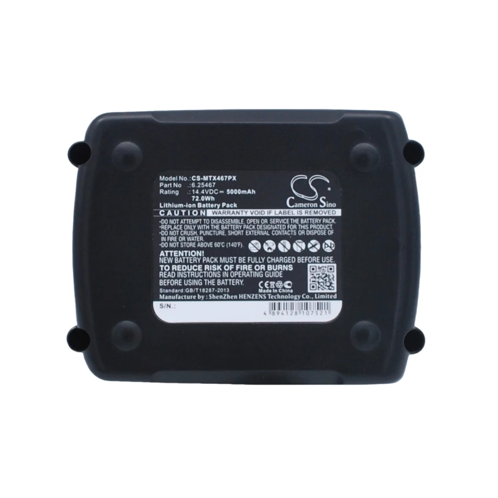Li-ion Power Tools Battery for Metabo, 14.4V, 5000mAh, Compatible Models: BS 14.4 LTX Impuls, ULA 14.4-18,SSD 14.4 LT 6.02125.50
Li-ion Power Tools Battery for Metabo, 14.4V, 5000mAh, Compatible Models: BS 14.4 LTX Impuls, ULA 14.4-18,SSD 14.4 LT 6.02125.50