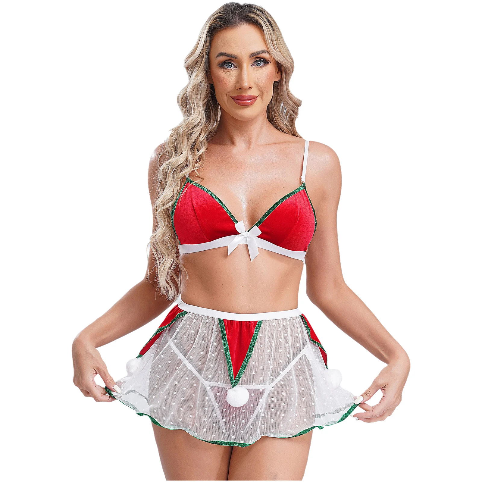 Women Sexy Christmas Nightwear Lingerie Set Bikini Bra Thong And See Through Mesh Mini Skirt Fun Underwear Role Play Costume 
Women Sexy Christmas Nightwear Lingerie Set Bikini Bra Thong And See Through Mesh Mini Skirt Fun Underwear Role Play Costume