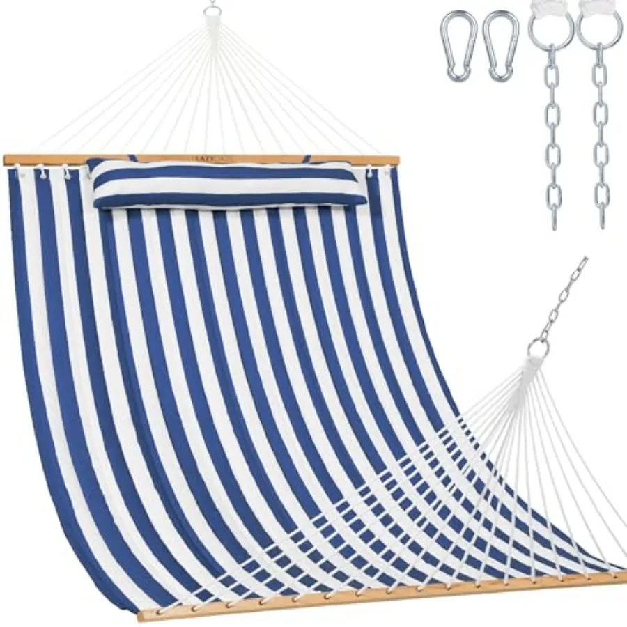 Outdoor double hammock with quilted cotton fabric, navy blue, 12 feet long, includes spreader bars and detachable pillow for 2
Outdoor double hammock with quilted cotton fabric, navy blue, 12 feet long, includes spreader bars and detachable pillow for 2
