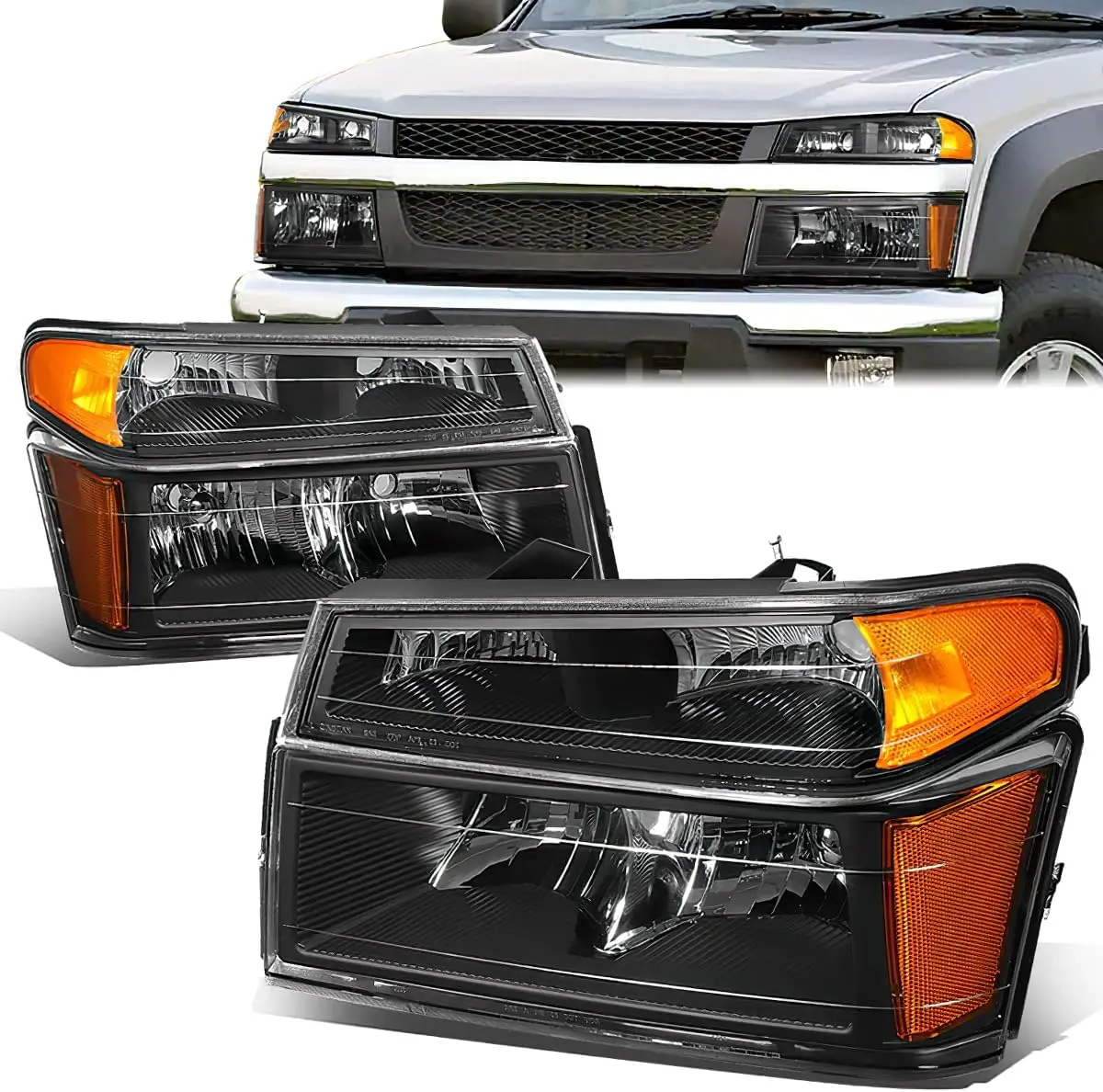 Black Housing Amber Corner Headlights Assembly with Bumper Lamps for 2004-2012 Colorado Canyon, Factory Style Replacement Set
Black Housing Amber Corner Headlights Assembly with Bumper Lamps for 2004-2012 Colorado Canyon, Factory Style Replacement Set