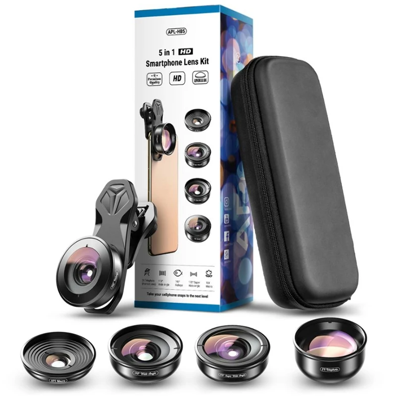 APEXEL 5In1 Mobile Phone Lens Case Kit Photography HD Fisheye Super Wide Angle 4K Macro Telescope Lens Set for Samsung IPhone
APEXEL 5In1 Mobile Phone Lens Case Kit Photography HD Fisheye Super Wide Angle 4K Macro Telescope Lens Set for Samsung IPhone