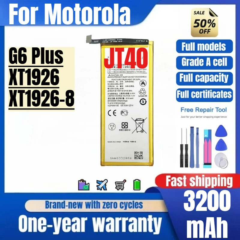 JT40 for Motorola G6 Plus/XT1926/XT1926-8 Phone Battery High Quality High Capacity Replacement Bateria Grade A Cell with Tools
JT40 for Motorola G6 Plus/XT1926/XT1926-8 Phone Battery High Quality High Capacity Replacement Bateria Grade A Cell with Tools
