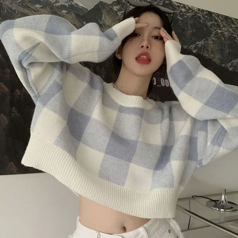 Contrast Plaid Simple Elegant Knit Sweater Preppy Style Loose O-Neck Short Sweater 2023 New Autumn Winter Fashion Women Sweater
Contrast Plaid Simple Elegant Knit Sweater Preppy Style Loose O-Neck Short Sweater 2023 New Autumn Winter Fashion Women Sweater