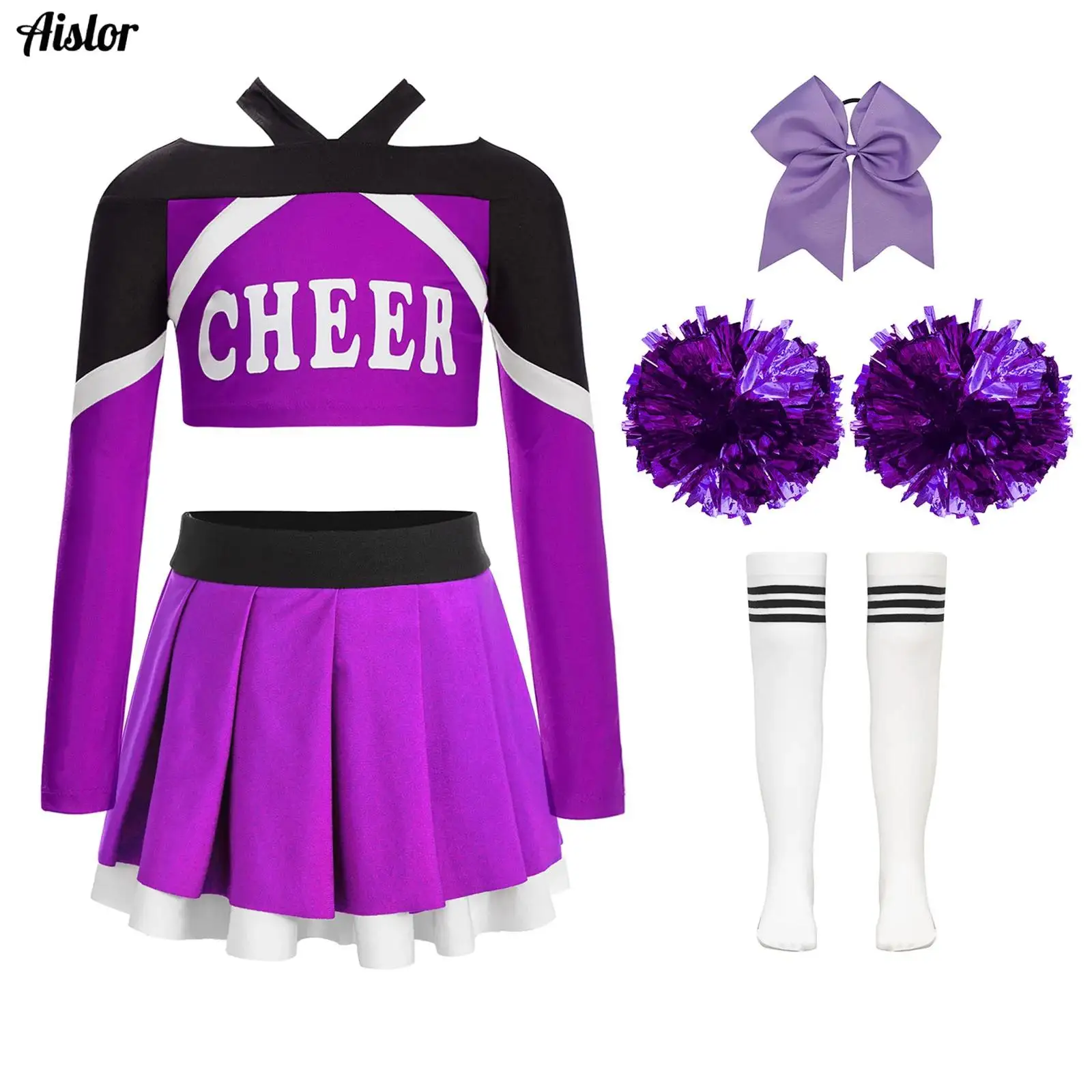 5Pcs Girls Cheerleading Dance Outfit Long Sleeve Letter Print Color Block Crop Top+Pleated Skirt+Headwear+Flower Balls+Socks Set
5Pcs Girls Cheerleading Dance Outfit Long Sleeve Letter Print Color Block Crop Top+Pleated Skirt+Headwear+Flower Balls+Socks Set