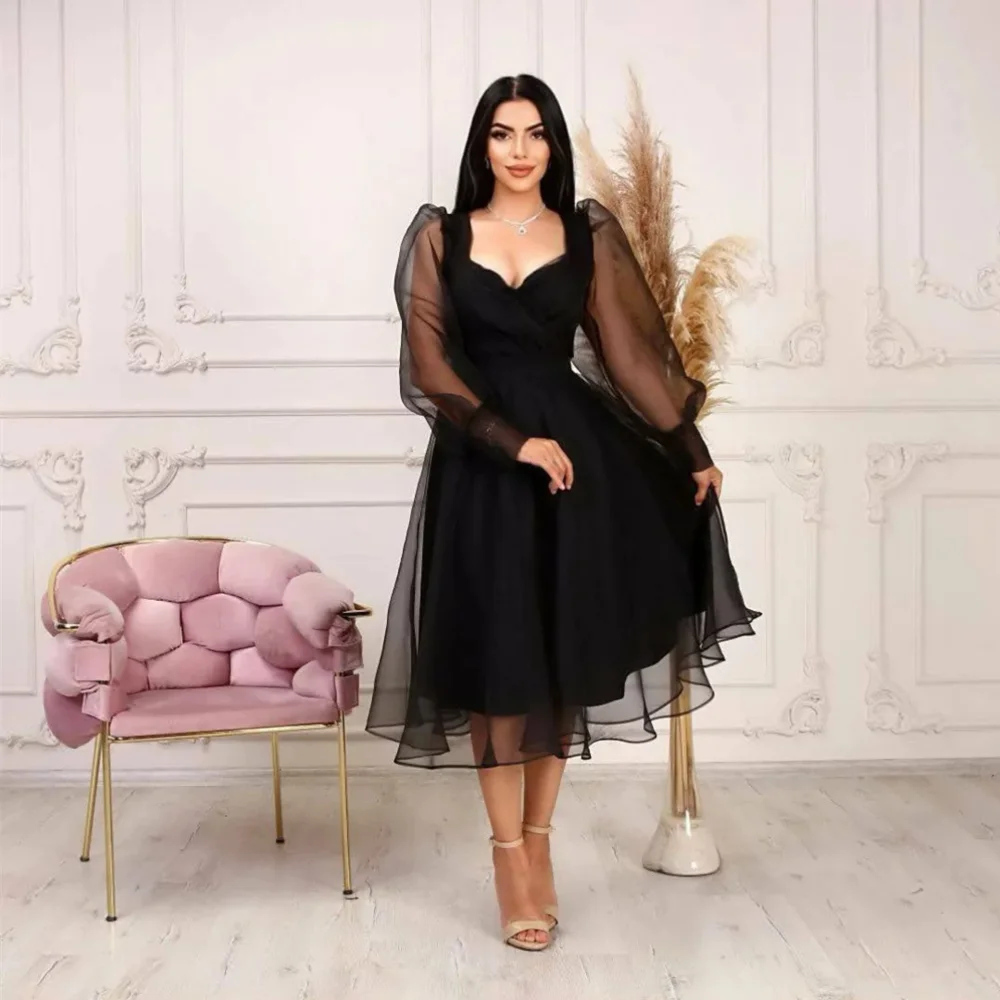 Classy Short Black Square Collar Tulle Evening Dresses Full Sleeves A Line Tea Length فساتين للمناسبات الرسمية
Classy Short Black Square Collar Tulle Evening Dresses Full Sleeves A Line Tea Length فساتين للمناسبات الرسمية