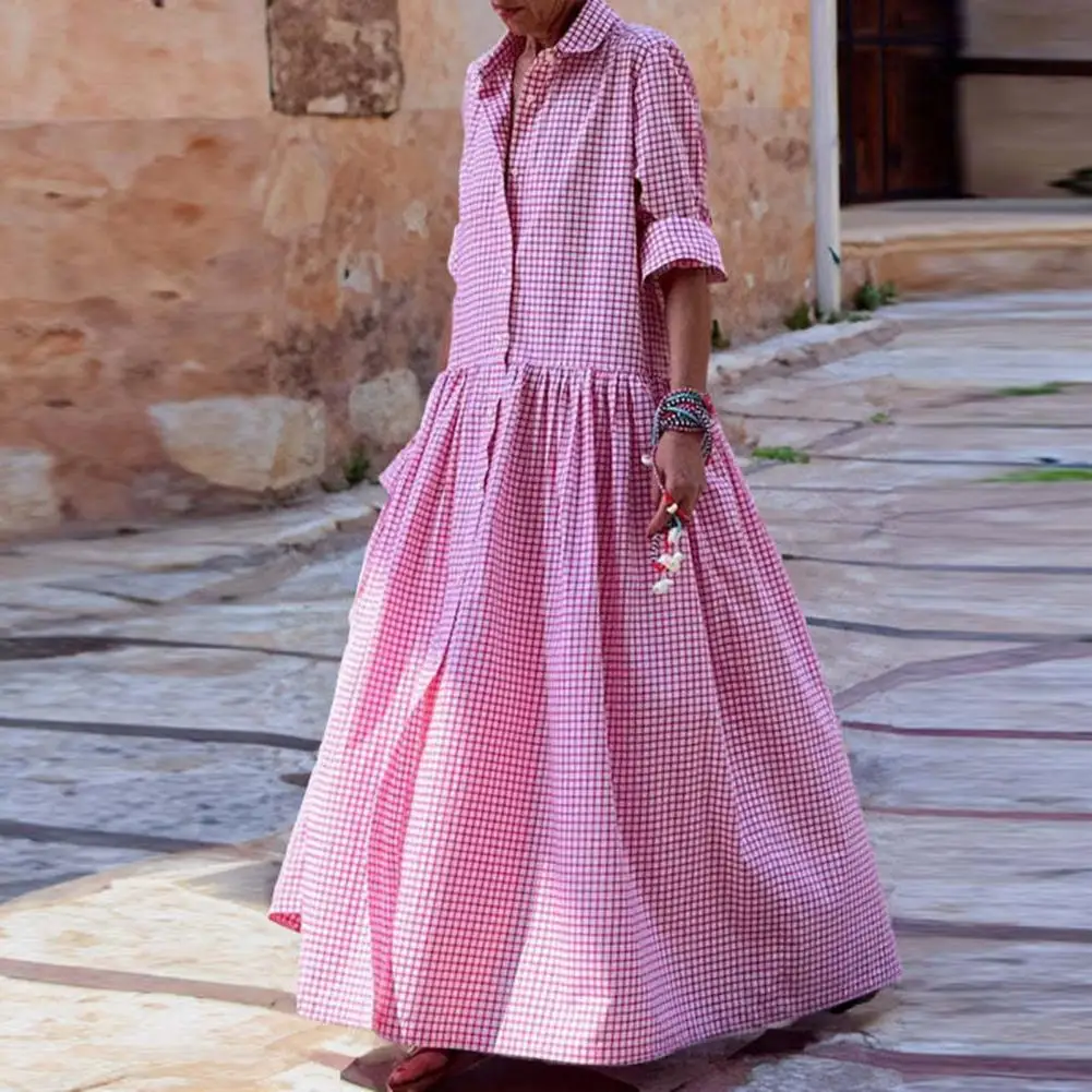 Women Fall Spring Dress Lapel Plaid Print A-line Big Hem Long Sleeve Dress Loose Soft Casual Full Length Lady Maxi Dress
Women Fall Spring Dress Lapel Plaid Print A-line Big Hem Long Sleeve Dress Loose Soft Casual Full Length Lady Maxi Dress