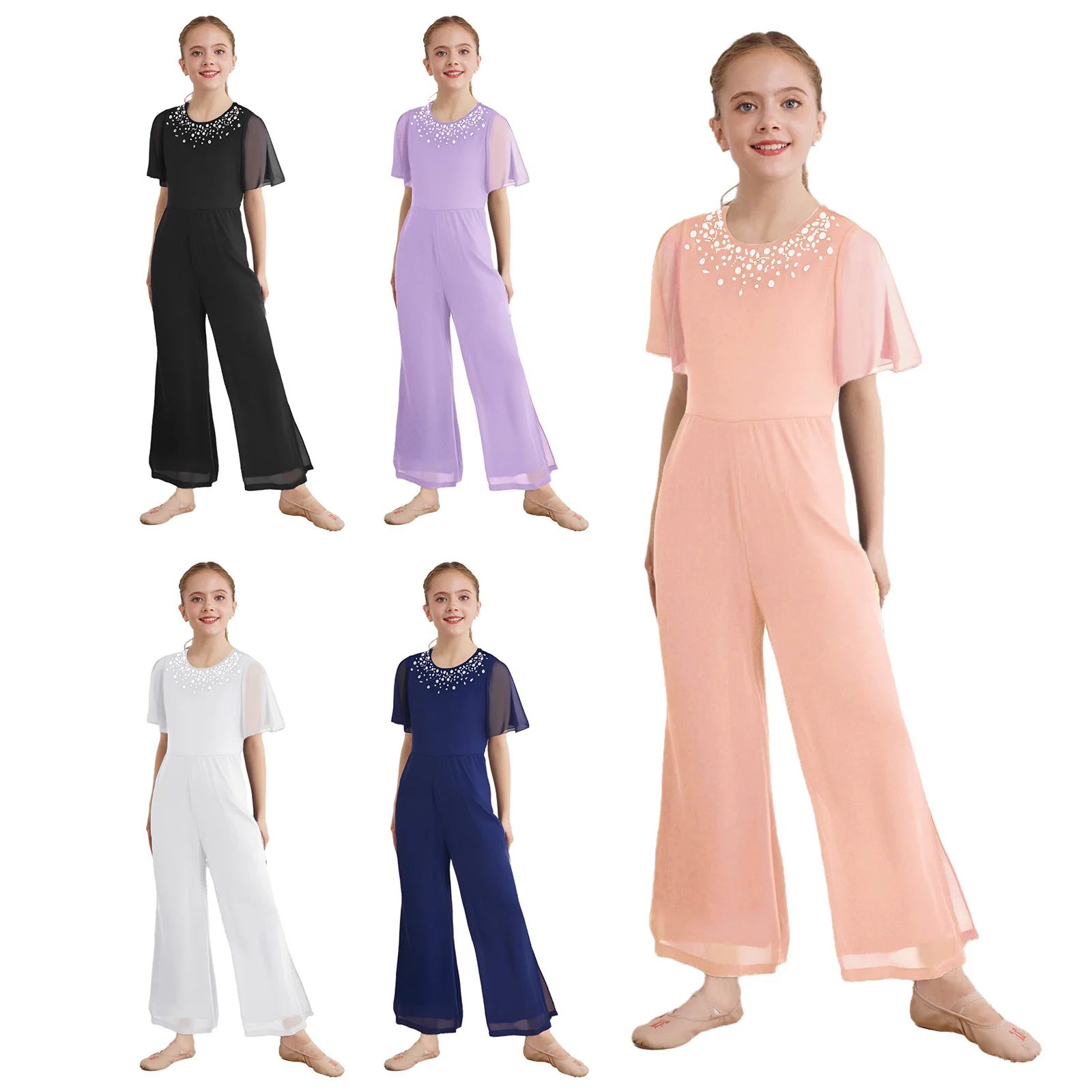 Kids Girls Solid Color Round Collar Bodysuit Rhinestone High Waist Wide Leg Jumpsuit for Prom Pageant Celebration Sweet Costume
Kids Girls Solid Color Round Collar Bodysuit Rhinestone High Waist Wide Leg Jumpsuit for Prom Pageant Celebration Sweet Costume