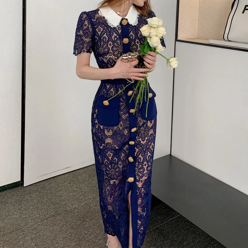 Dark Blue Lace Dresses Women Summer Elegant Golden Button Bodycon Dress Design Hook Hollow Vintage Party Vestido Street
Dark Blue Lace Dresses Women Summer Elegant Golden Button Bodycon Dress Design Hook Hollow Vintage Party Vestido Street