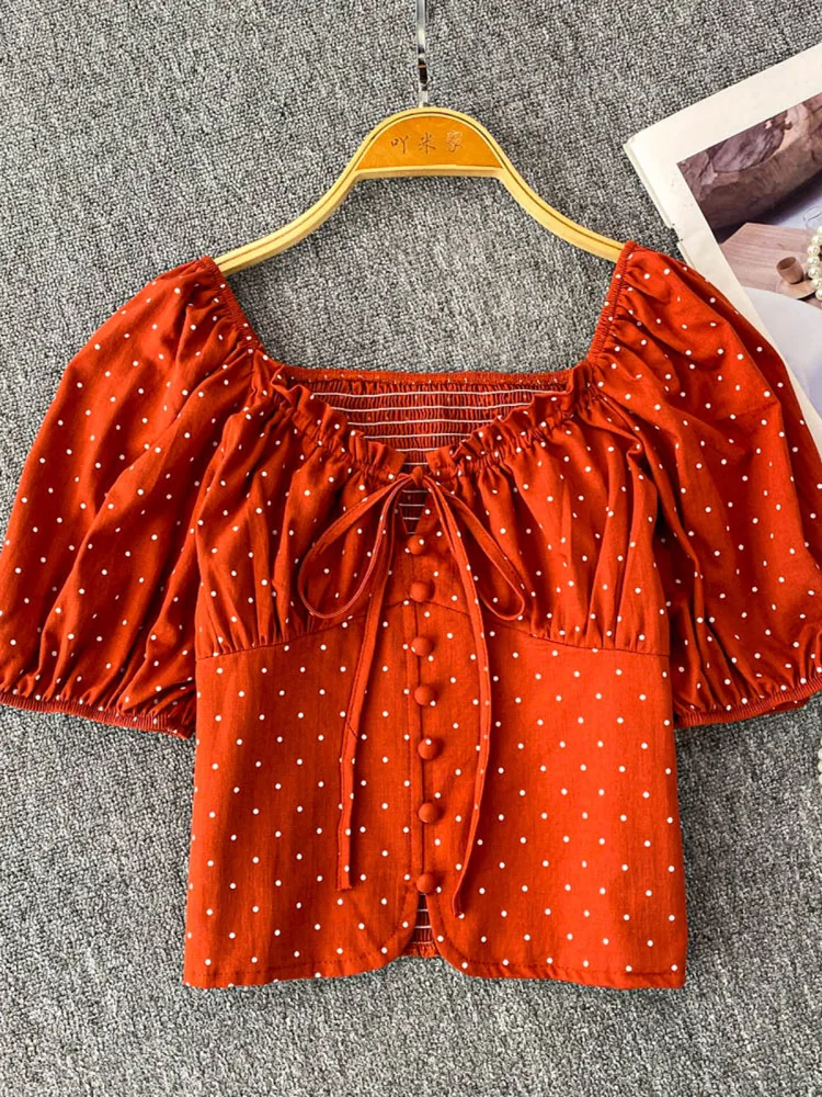 Summer New Pure Desire Polka Dot Bow Tie Square Collar Bubble Sve irt Women Slim Fit ort Top Single Button Korean Sle
Summer New Pure Desire Polka Dot Bow Tie Square Collar Bubble Sve irt Women Slim Fit ort Top Single Button Korean Sle