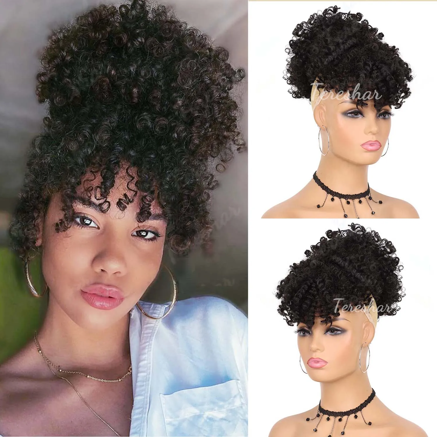Synthetic Afro Puff Drawstring Ponytail with Bangs Pineapple Updo Hair for Black Women, Short Kinky Curly Ponytail Bun
Synthetic Afro Puff Drawstring Ponytail with Bangs Pineapple Updo Hair for Black Women, Short Kinky Curly Ponytail Bun