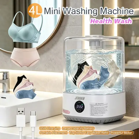 4L large capacity portable mini washing machine, 5000mAh three speed timed, high-speed rotor driven washing cup, for travel & Ho