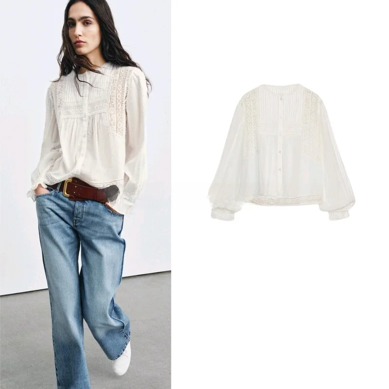 Spring Summer New Arrival Women's Minimalist round Neck Long Sleeve Single Button Vertical Lace Trim Embroidered Shirt
Spring Summer New Arrival Women's Minimalist round Neck Long Sleeve Single Button Vertical Lace Trim Embroidered Shirt