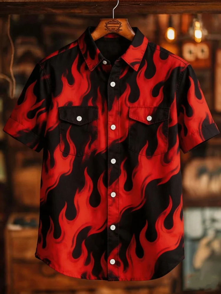 Mens Flame Print Shirt Double Pocket Turn Down Collar Red Black Punk Style Short Sleeve Summer Shirt
Mens Flame Print Shirt Double Pocket Turn Down Collar Red Black Punk Style Short Sleeve Summer Shirt
