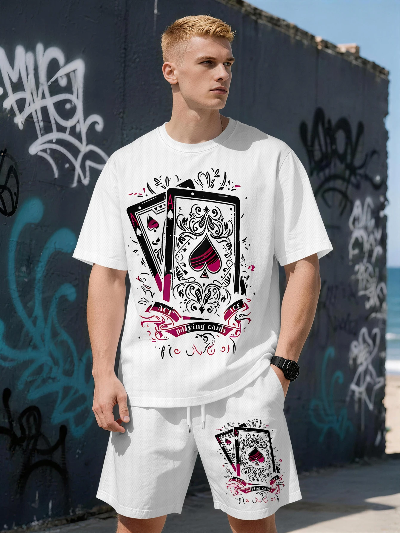 2026 Summer New Men's Short-Sleeved Set with 3D Trendy Brand Playing Card Print Fashionable Street Style Comfortable Lightweight
2026 Summer New Men's Short-Sleeved Set with 3D Trendy Brand Playing Card Print Fashionable Street Style Comfortable Lightweight