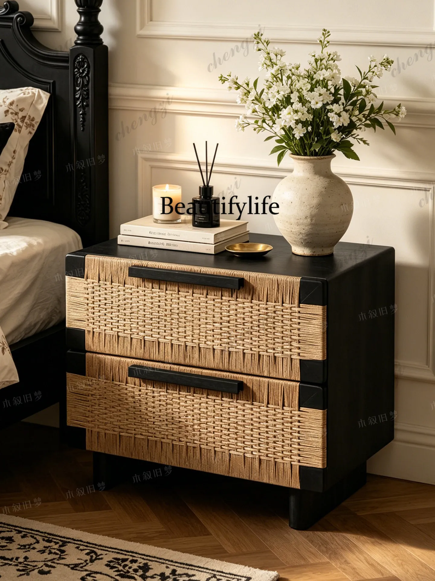 Solid wood rope bedside table B & B hotel bedroom room storage cabinet, bedside table light luxury wabi-sabi wind
Solid wood rope bedside table B & B hotel bedroom room storage cabinet, bedside table light luxury wabi-sabi wind