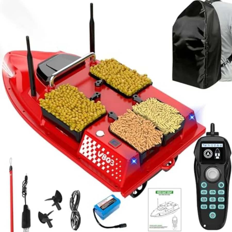 RC bait boat for fishing applications, ABS plastic body, black color, 12000mAh battery with 1640FT range, 4-bait slot, LED ligh
RC bait boat for fishing applications, ABS plastic body, black color, 12000mAh battery with 1640FT range, 4-bait slot, LED ligh