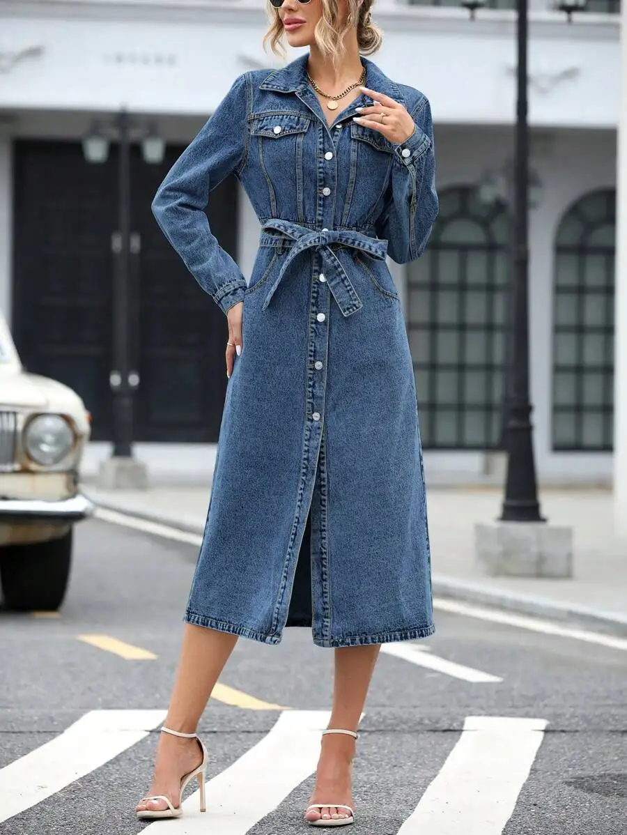 Women Long Sleeve Button Down Belted Denim Midi Dress Casual
Women Long Sleeve Button Down Belted Denim Midi Dress Casual