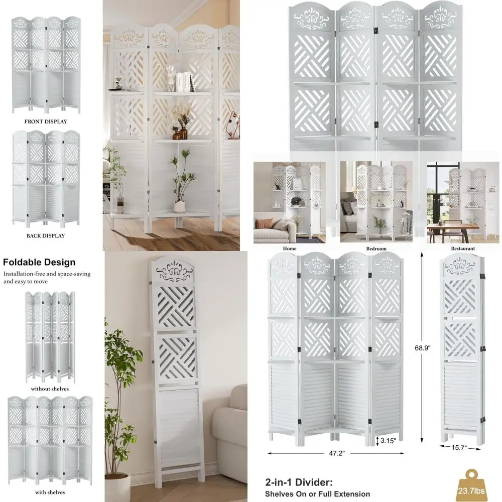 5.75ft Tall Folding Wood Carved Screen Divider with Shelves for Home Office, Bedroom, Hotel - 4 Panels, Pure White
5.75ft Tall Folding Wood Carved Screen Divider with Shelves for Home Office, Bedroom, Hotel - 4 Panels, Pure White