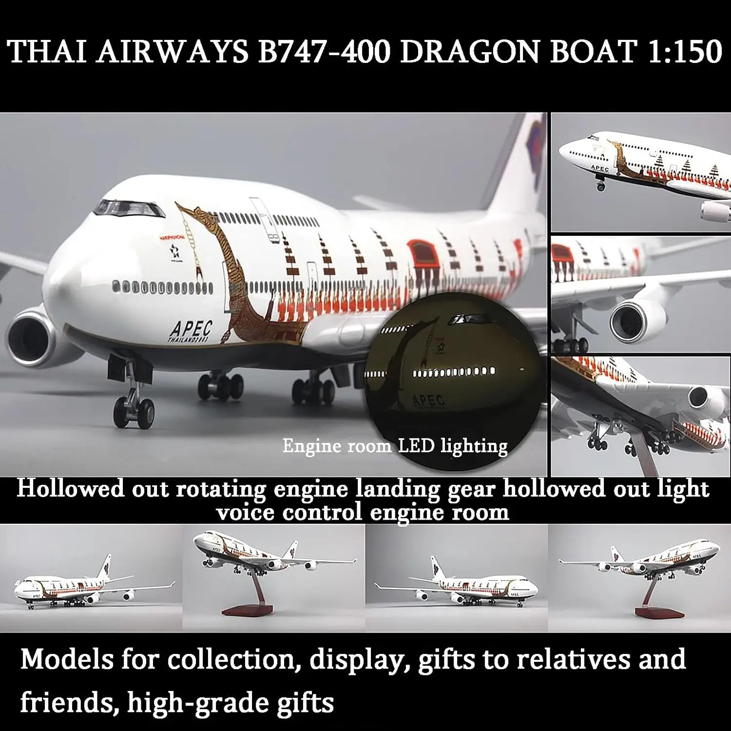 1:150 Thai Airways Thai Airways Dragon Boat B747 Model Plane with LED Light Gear and Wooden Stand Model Kit
1:150 Thai Airways Thai Airways Dragon Boat B747 Model Plane with LED Light Gear and Wooden Stand Model Kit