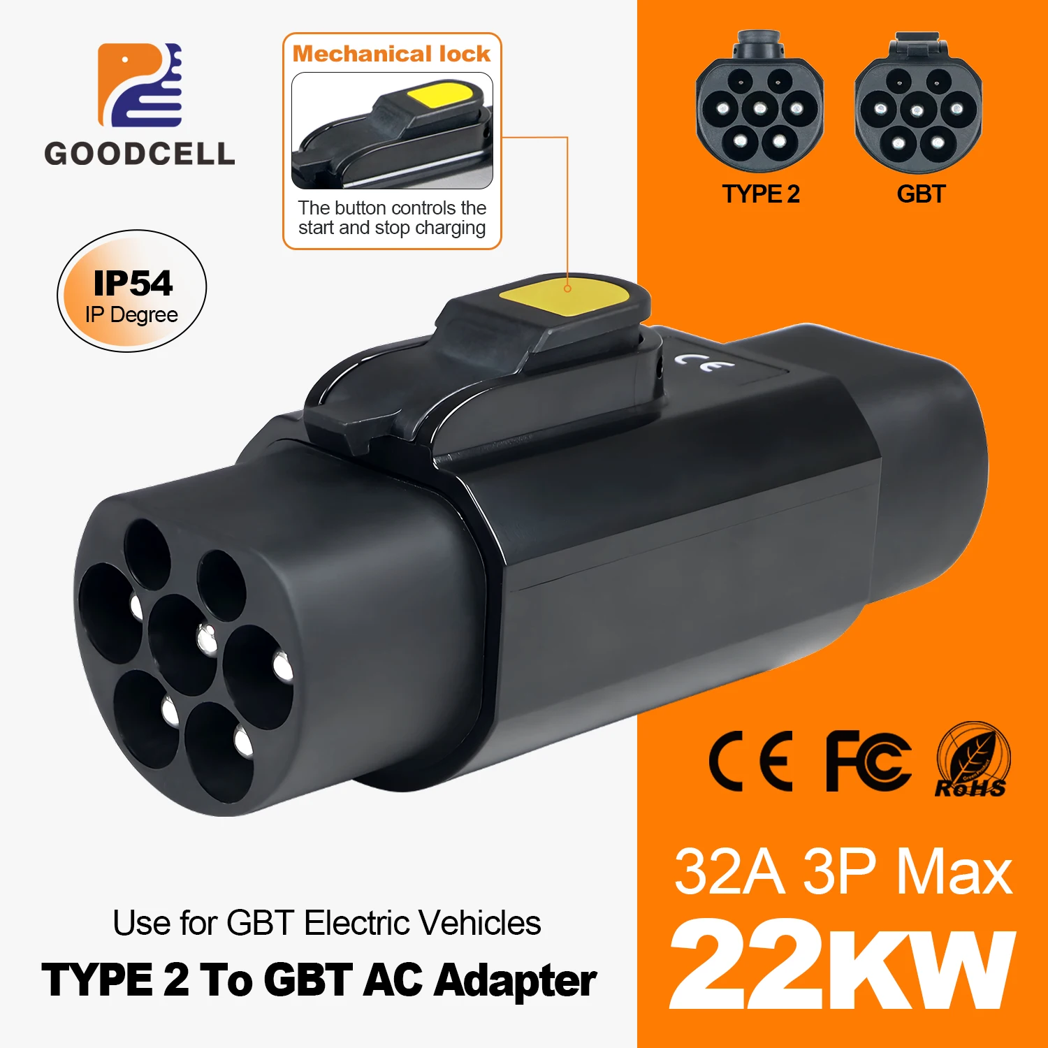 GOODCELL New Type2 to GBT EV Adaptor Cars Charge Converter Fit GBT Standard Adapter 32A 7.2KW 22KW 200V~450V With Button
GOODCELL New Type2 to GBT EV Adaptor Cars Charge Converter Fit GBT Standard Adapter 32A 7.2KW 22KW 200V~450V With Button